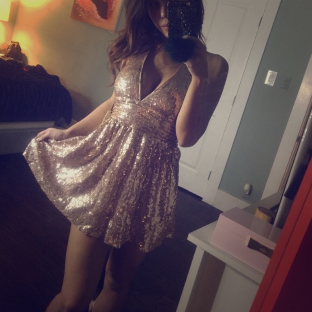 Rose gold sequin halter babydoll skater dress